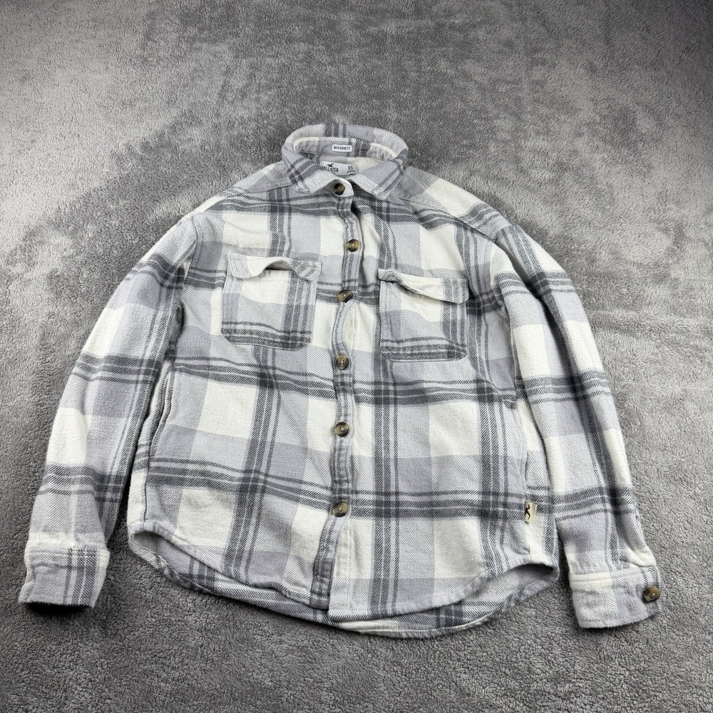 Hollister Boyfriend Fit Plaid Flannel Shirt Womens XS White Gray Plaid